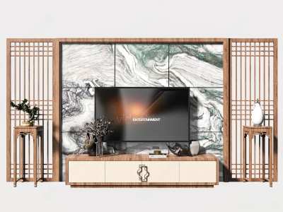 新中式电视背景墙3D模型下载